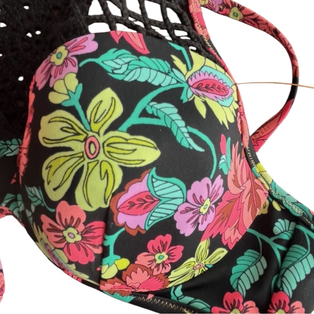 SHADE & SHORE Black Floral Halter Bikini Top w/ Pink/Teal Accents Size 36C - NWT - Picture 4 of 8
